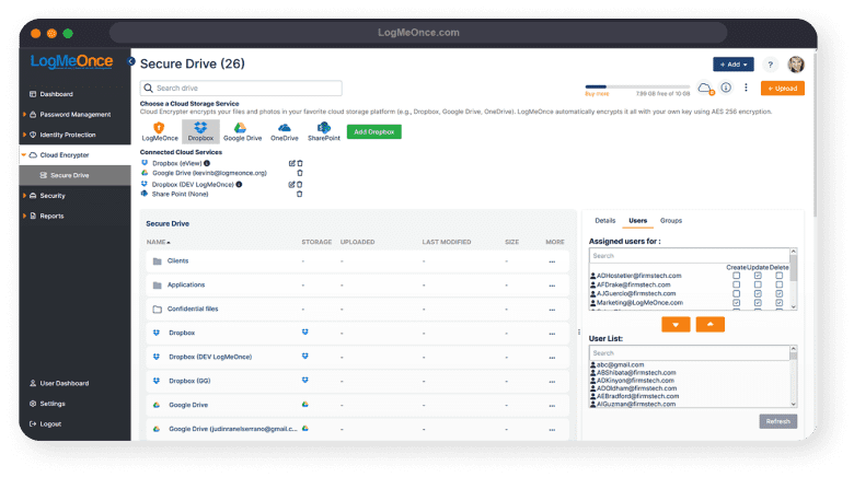 LogMeOnce Secure Drive interface showing cloud storage options and encrypted vault folders